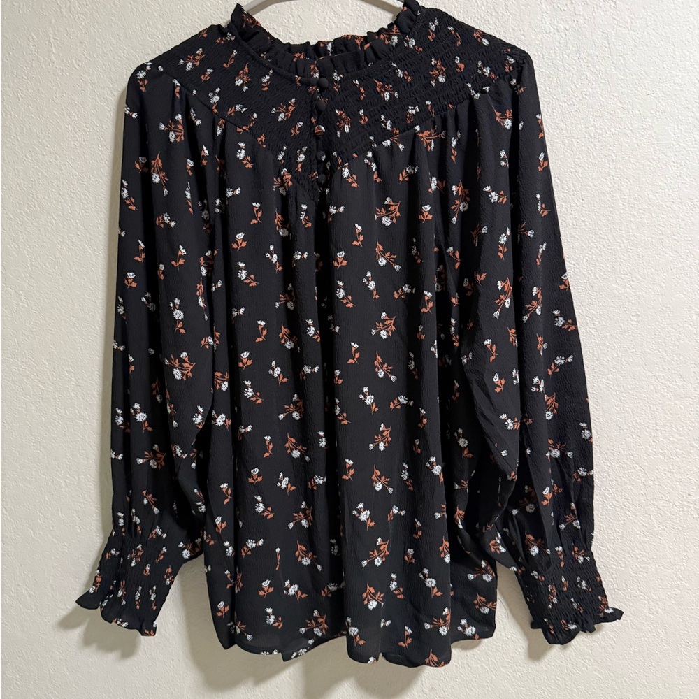 Madewell Smocked Floral Blouse Black Red White Size 1X NWT